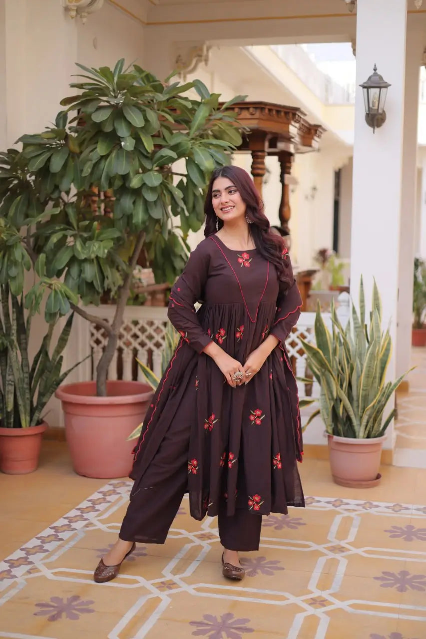 Elegant Cotton Embroidered Kurti Pant Dupatta Set for Festive and Daily Occasion Wear
