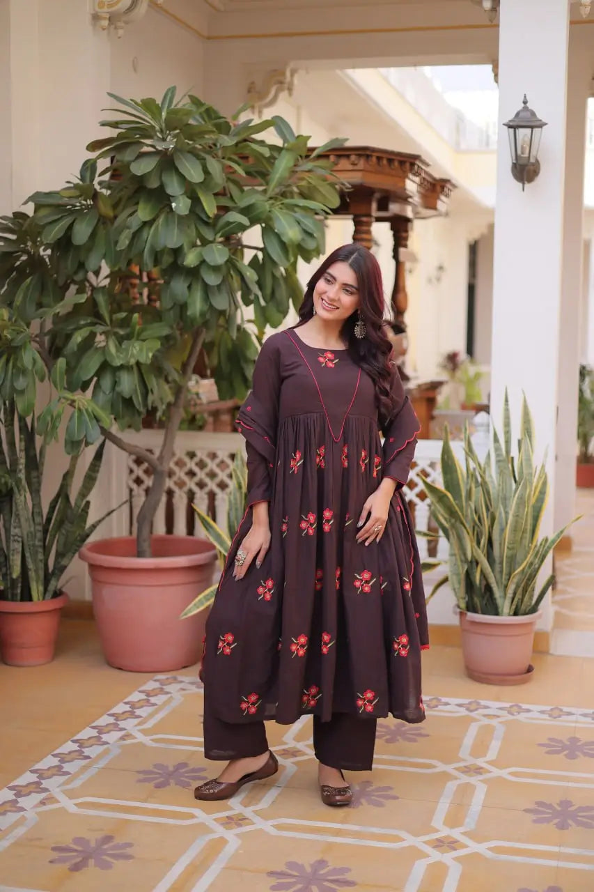 Elegant Cotton Embroidered Kurti Pant Dupatta Set for Festive and Daily Occasion Wear