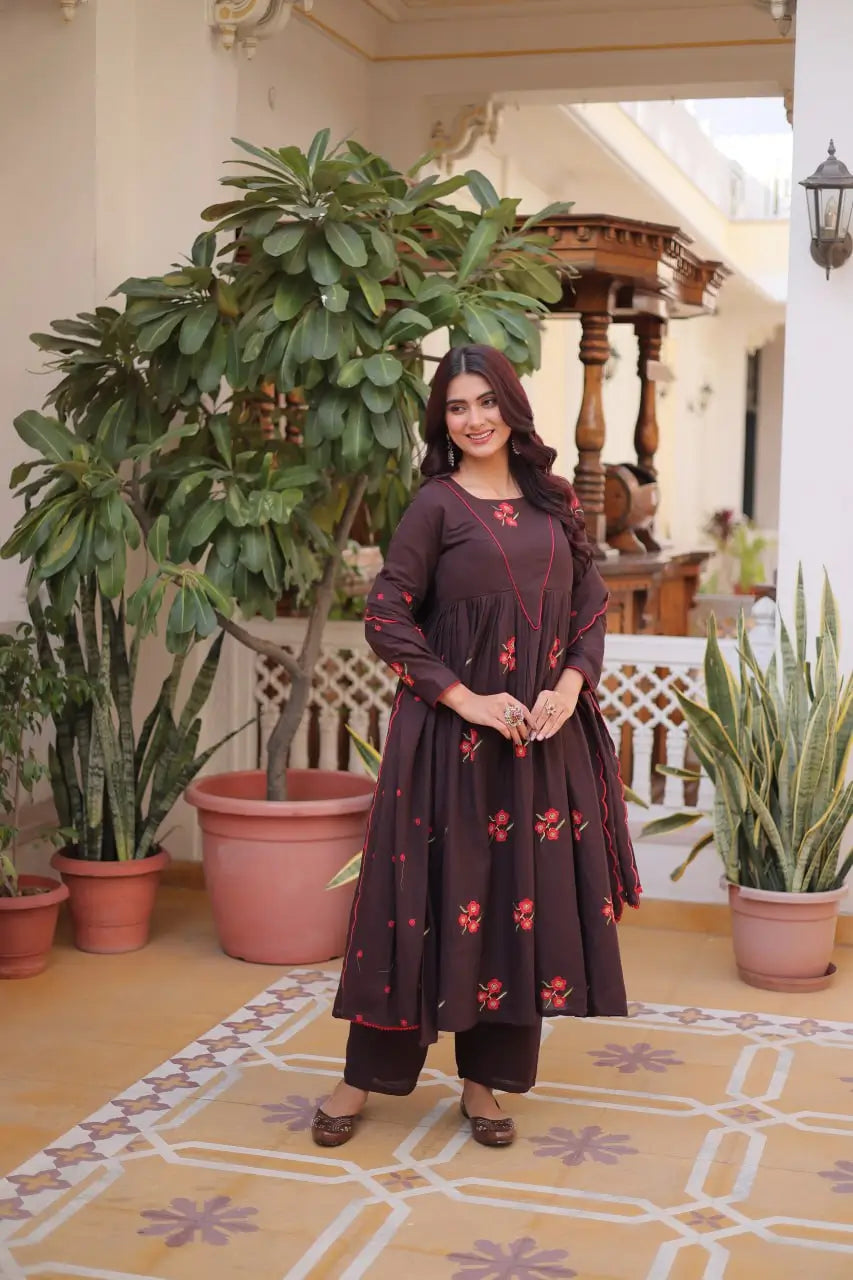 Elegant Cotton Embroidered Kurti Pant Dupatta Set for Festive and Daily Occasion Wear