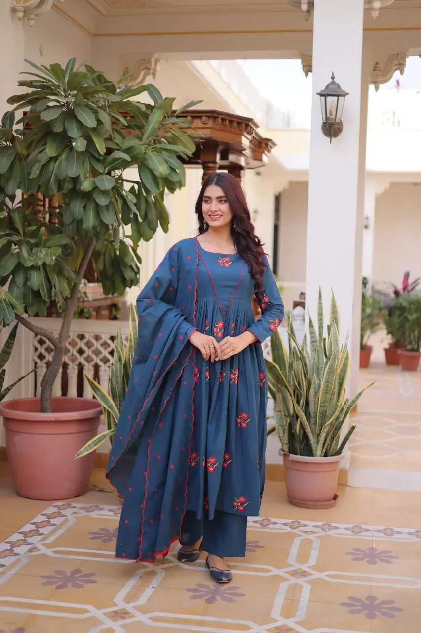 Elegant Cotton Embroidered Kurti Pant Dupatta Set for Festive and Daily Occasion Wear