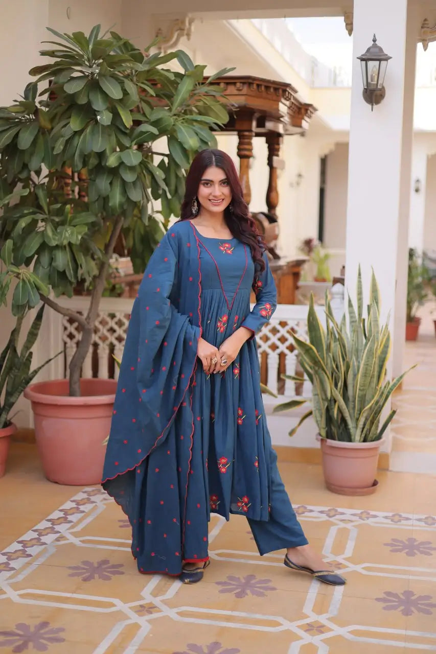 Elegant Cotton Embroidered Kurti Pant Dupatta Set for Festive and Daily Occasion Wear