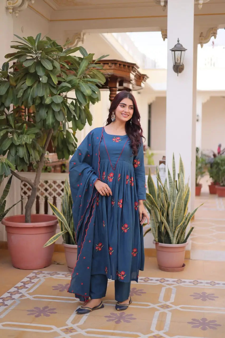 Elegant Cotton Embroidered Kurti Pant Dupatta Set for Festive and Daily Occasion Wear