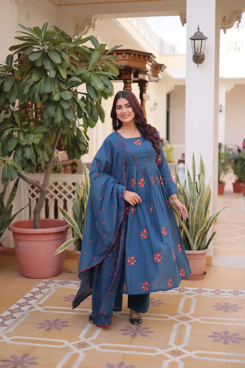 Elegant Cotton Embroidered Kurti Pant Dupatta Set for Festive and Daily Occasion Wear