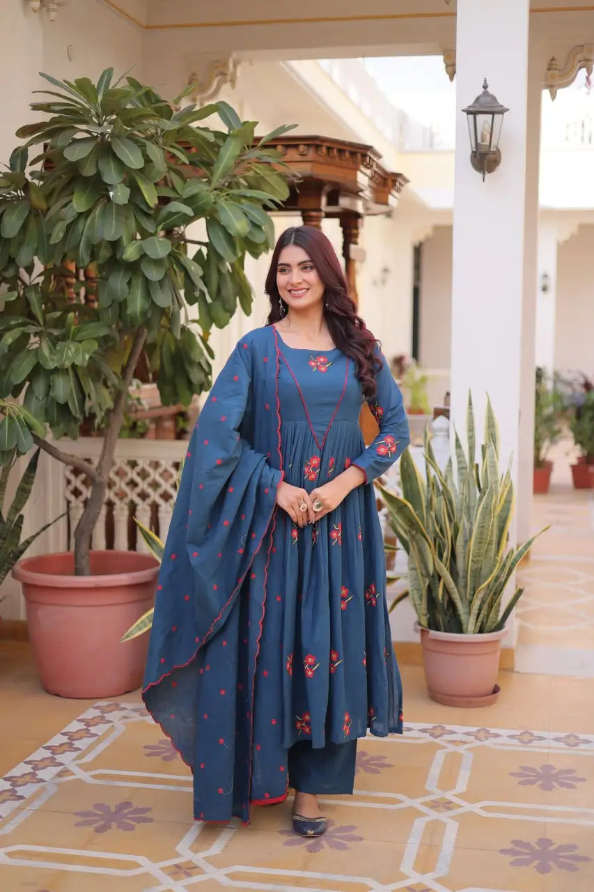 Elegant Cotton Embroidered Kurti Pant Dupatta Set for Festive and Daily Occasion Wear