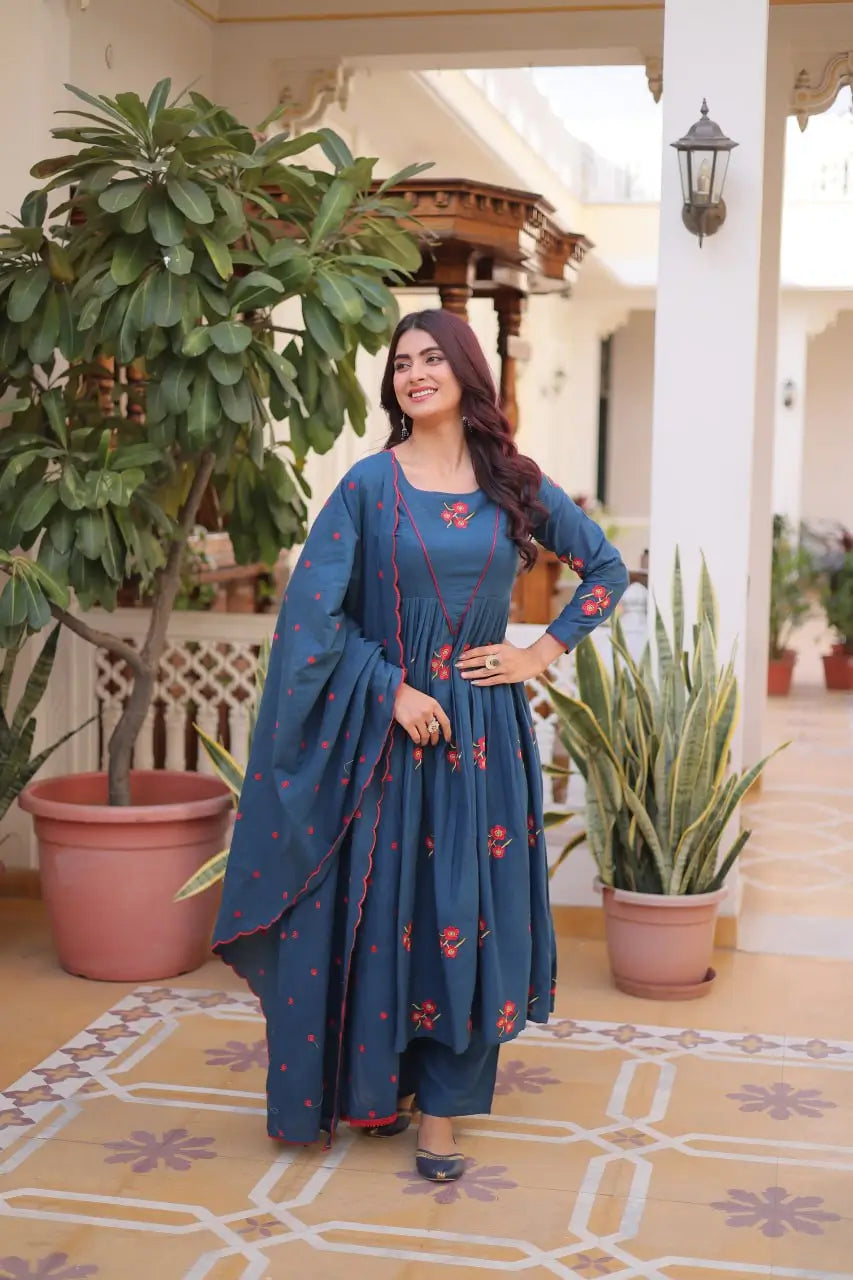 Elegant Cotton Embroidered Kurti Pant Dupatta Set for Festive and Daily Occasion Wear
