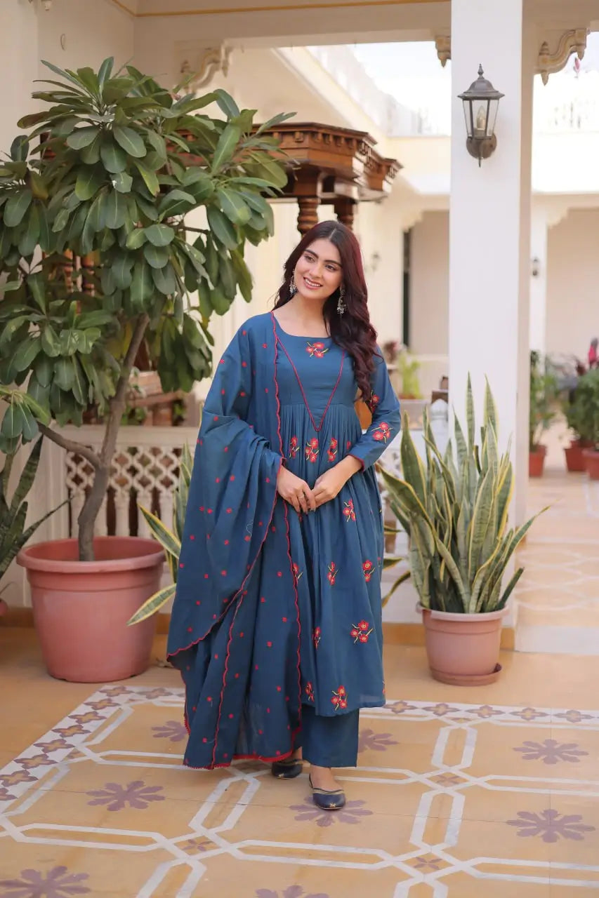 Elegant Cotton Embroidered Kurti Pant Dupatta Set for Festive and Daily Occasion Wear