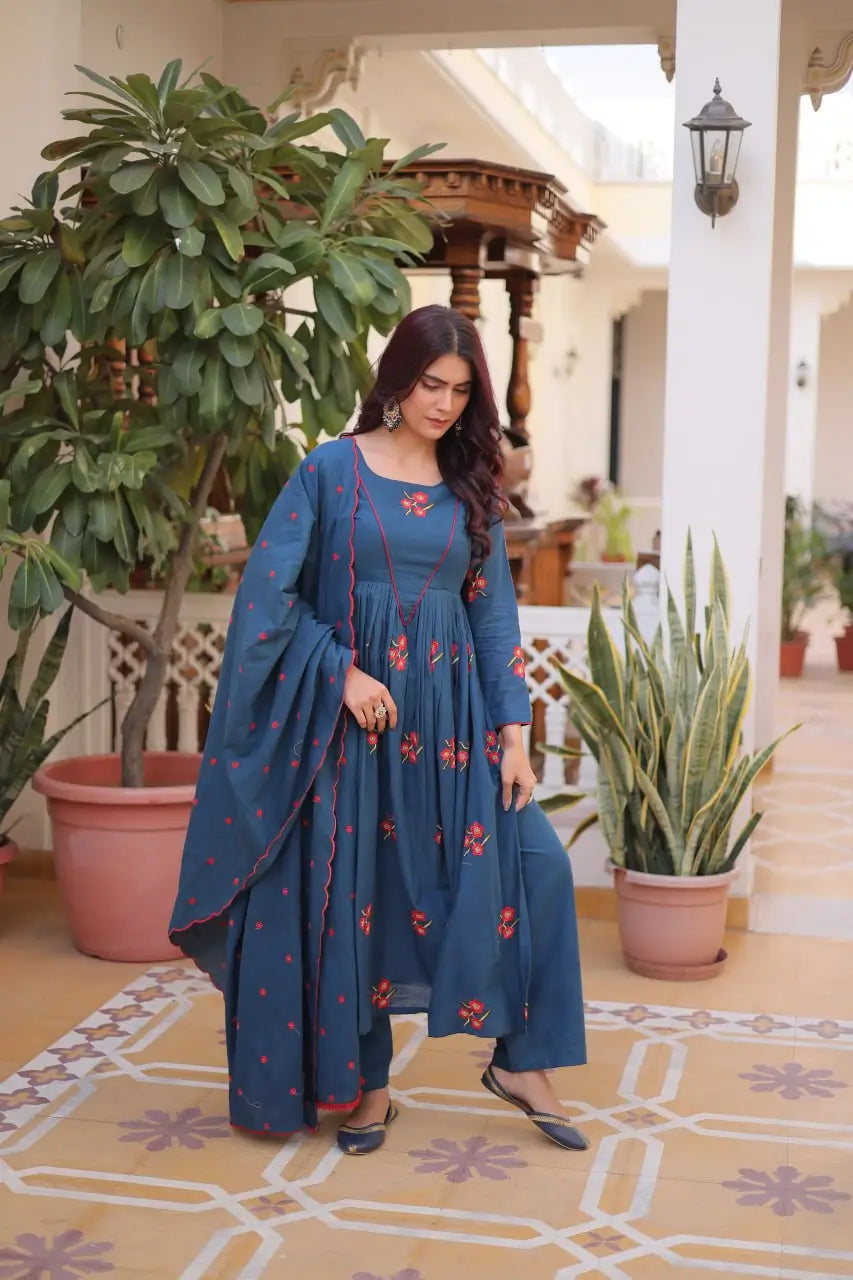 Elegant Cotton Embroidered Kurti Pant Dupatta Set for Festive and Daily Occasion Wear