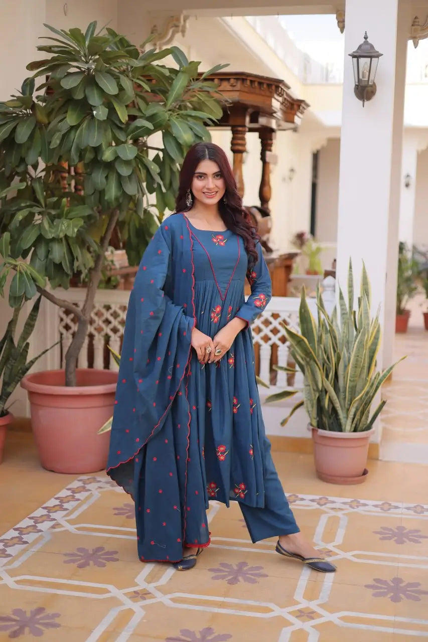 Elegant Cotton Embroidered Kurti Pant Dupatta Set for Festive and Daily Occasion Wear