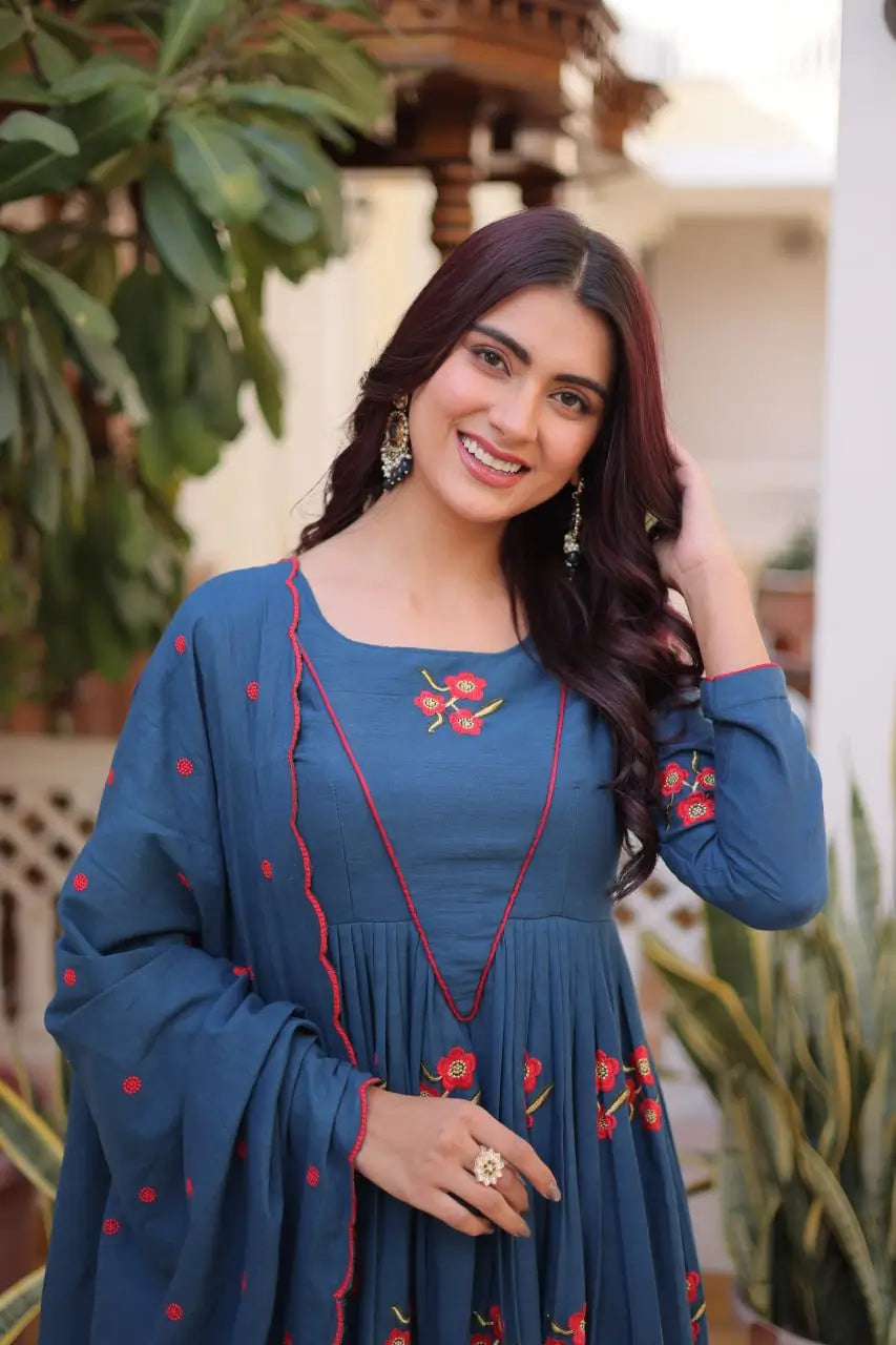 Elegant Cotton Embroidered Kurti Pant Dupatta Set for Festive and Daily Occasion Wear