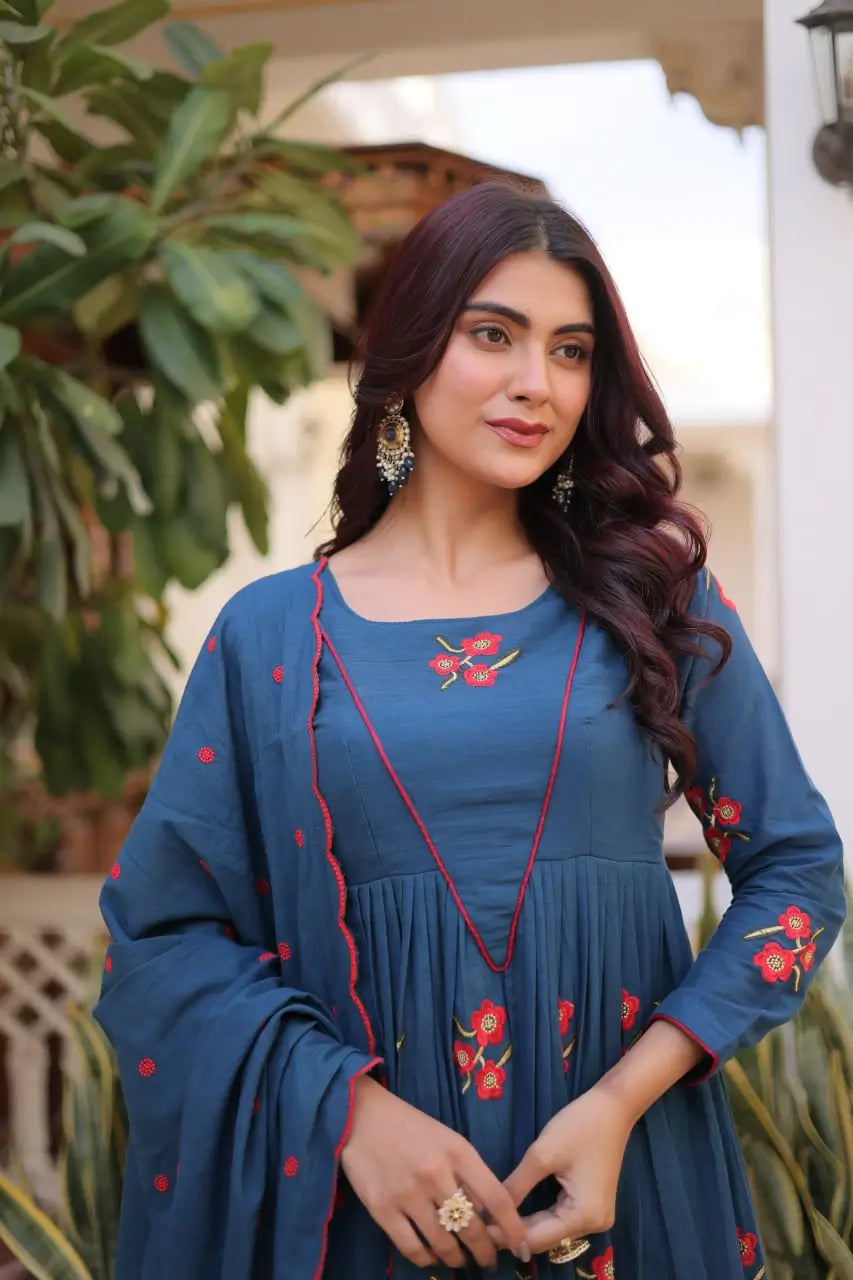 Elegant Cotton Embroidered Kurti Pant Dupatta Set for Festive and Daily Occasion Wear