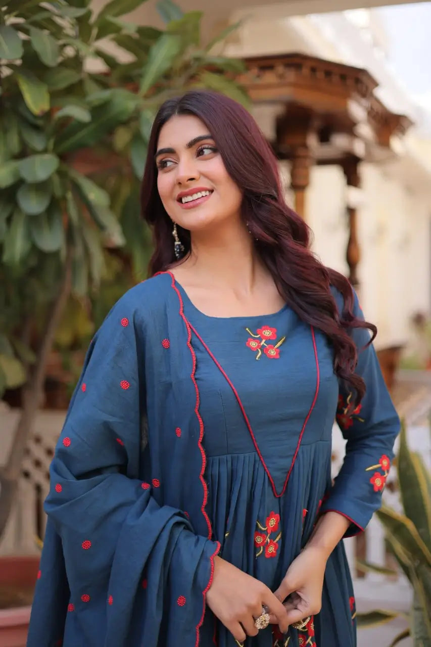 Elegant Cotton Embroidered Kurti Pant Dupatta Set for Festive and Daily Occasion Wear