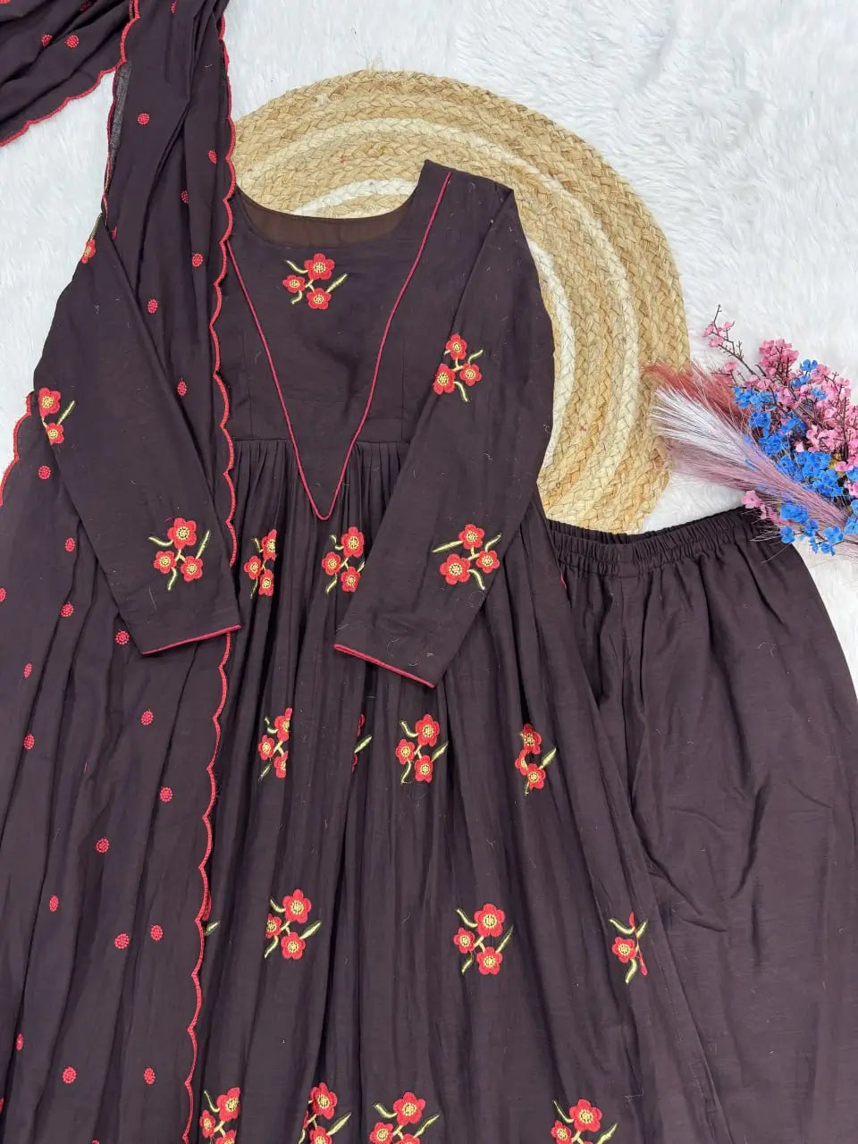 Elegant Cotton Embroidered Kurti Pant Dupatta Set for Festive and Daily Occasion Wear