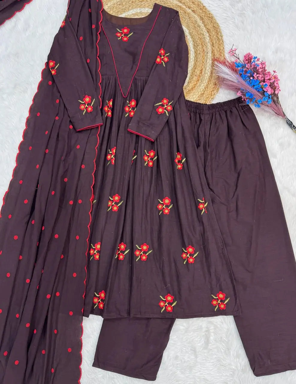 Elegant Cotton Embroidered Kurti Pant Dupatta Set for Festive and Daily Occasion Wear