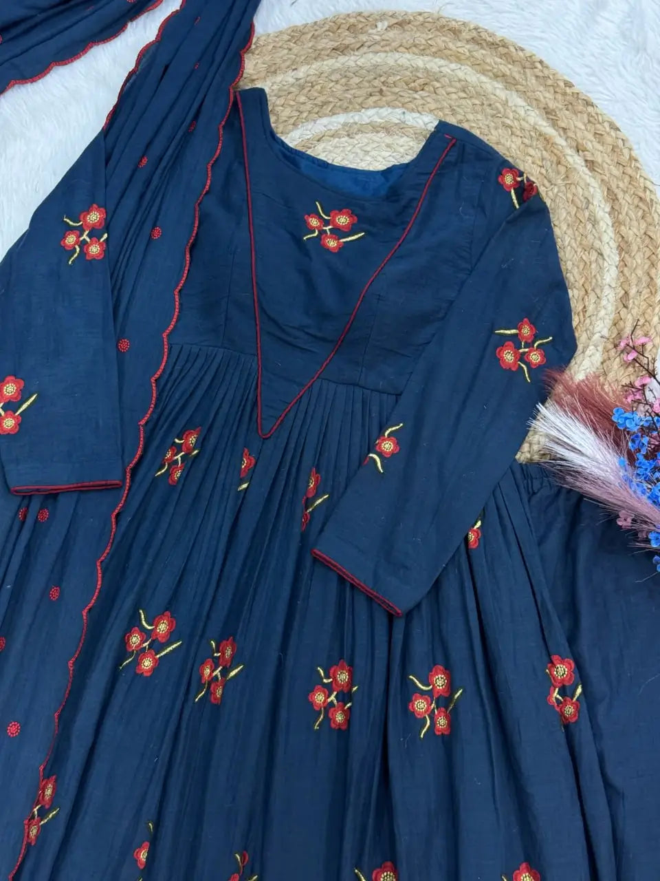 Elegant Cotton Embroidered Kurti Pant Dupatta Set for Festive and Daily Occasion Wear
