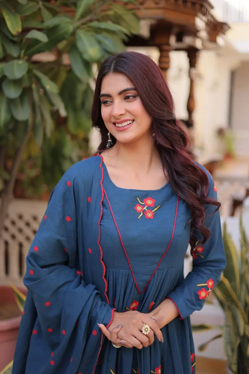 Elegant Cotton Embroidered Kurti Pant Dupatta Set for Festive and Daily Occasion Wear