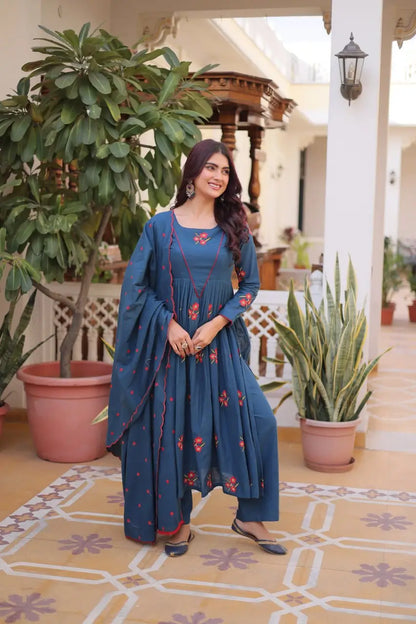 Elegant Cotton Embroidered Kurti Pant Dupatta Set for Festive and Daily Occasion Wear