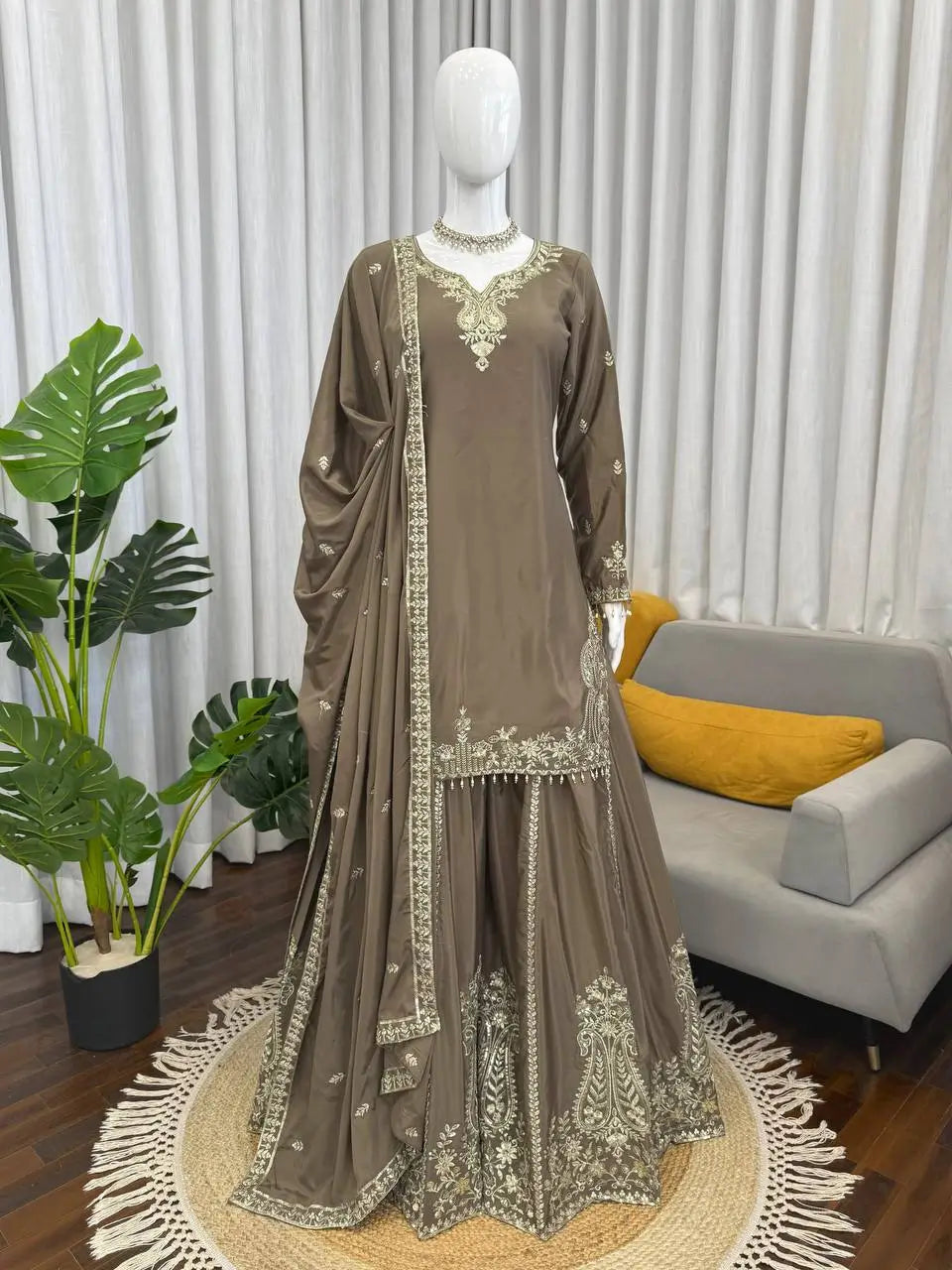 Elegant Crepe Embroidered Sharara Suit Set