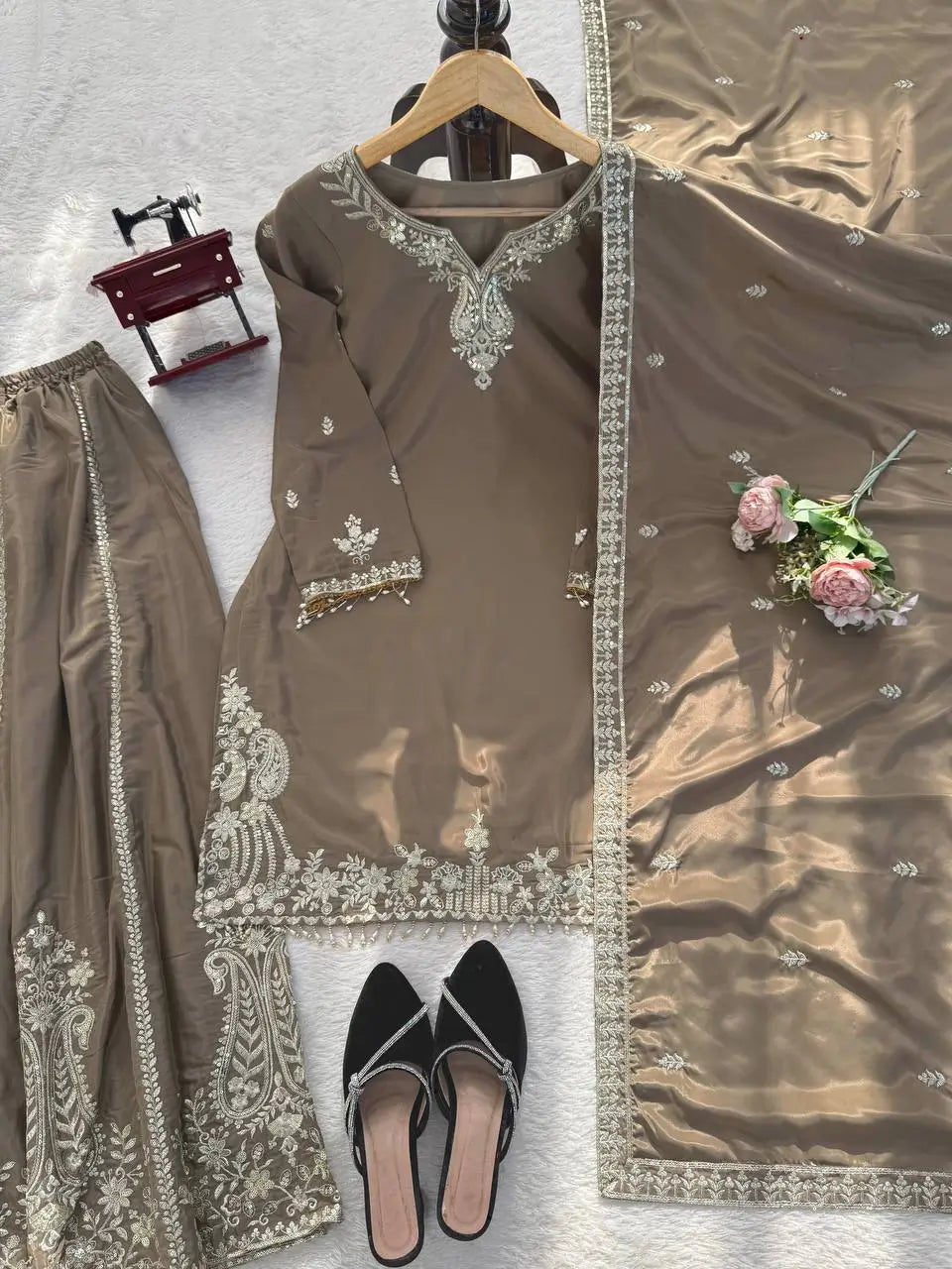 Elegant Crepe Embroidered Sharara Suit Set