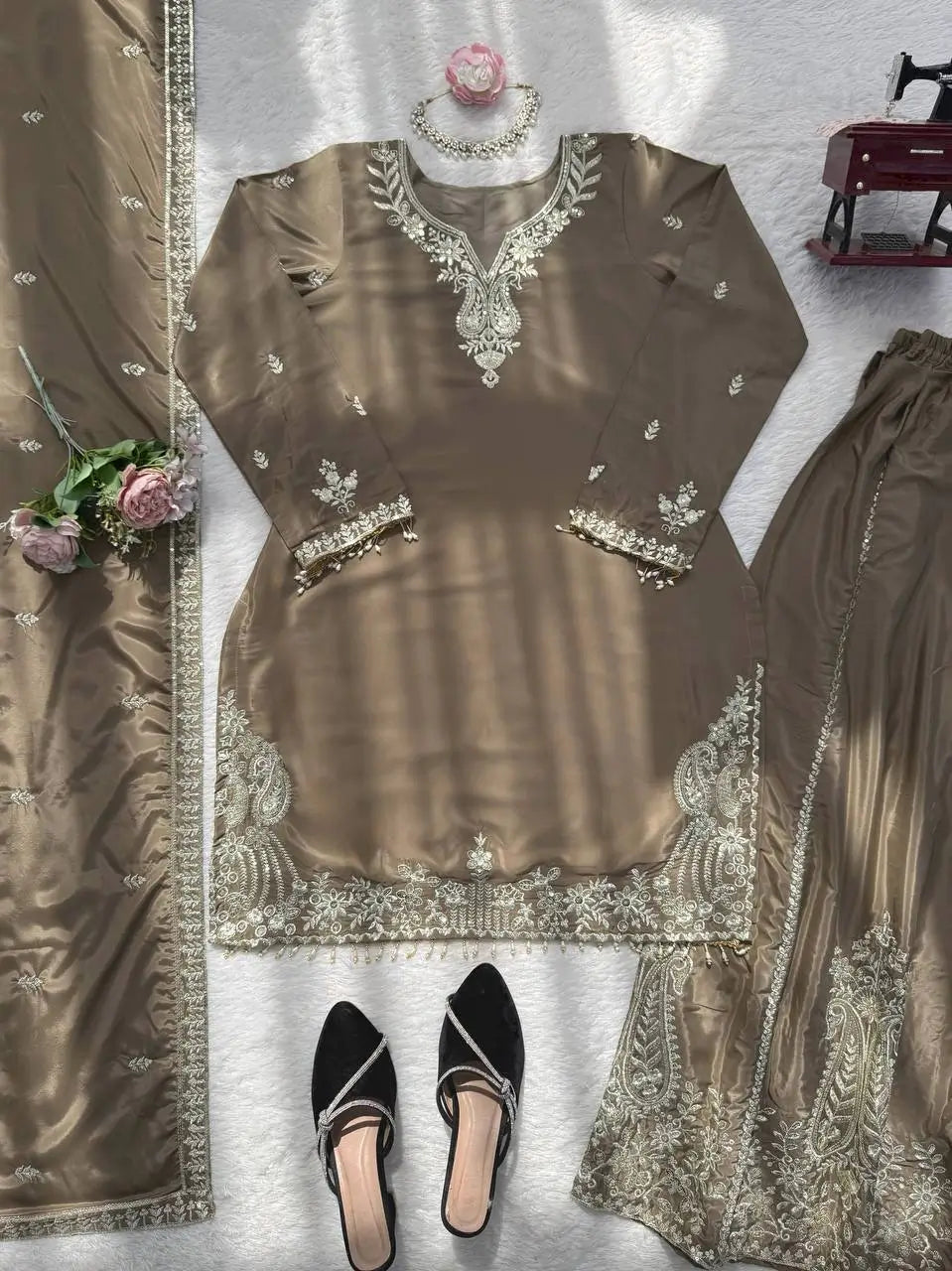 Elegant Crepe Embroidered Sharara Suit Set
