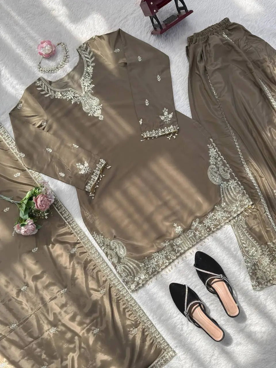 Elegant Crepe Embroidered Sharara Suit Set