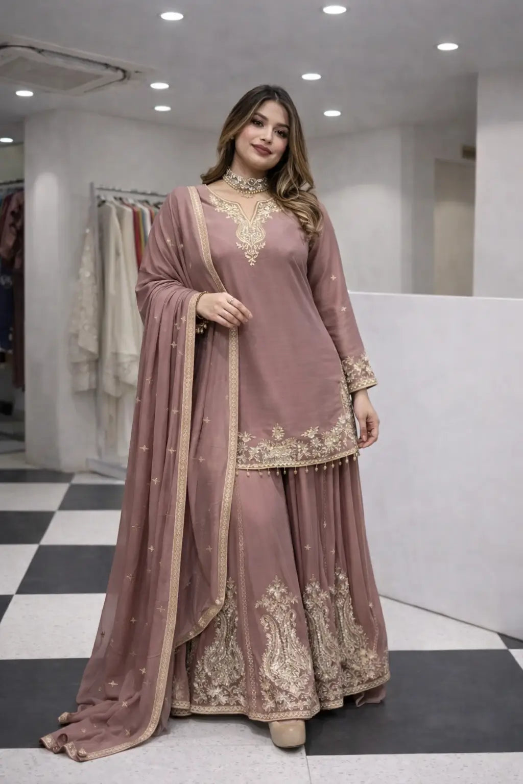 Elegant Crepe Embroidered Sharara Suit Set