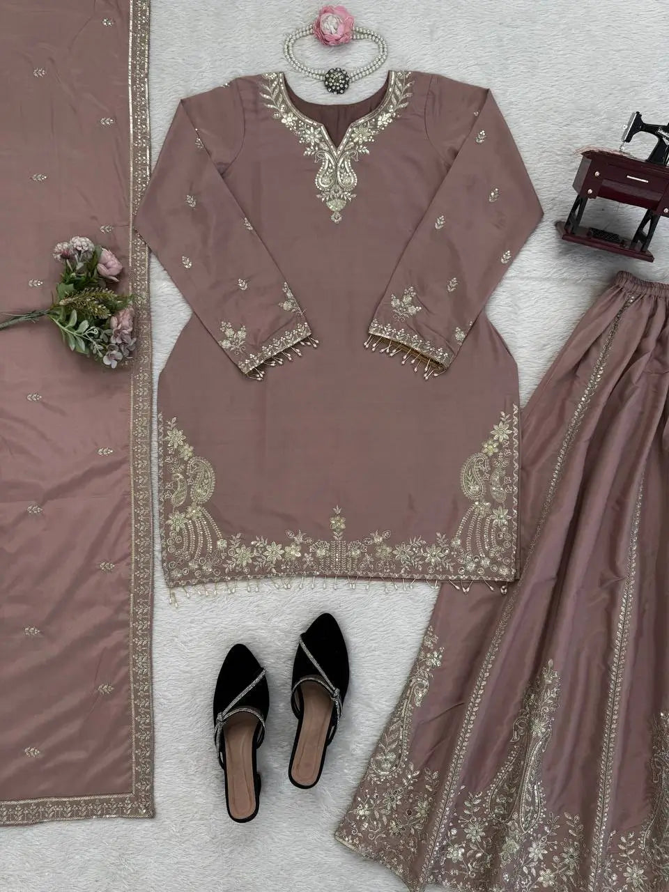 Elegant Crepe Embroidered Sharara Suit Set