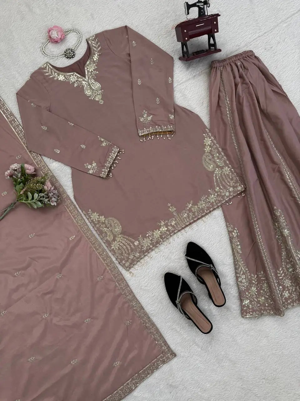 Elegant Crepe Embroidered Sharara Suit Set