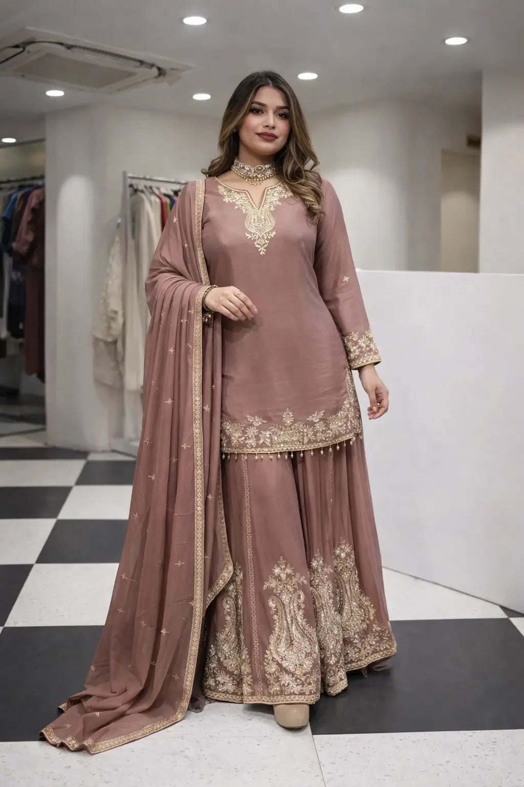 Elegant Crepe Embroidered Sharara Suit Set
