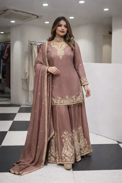 Elegant Crepe Embroidered Sharara Suit Set