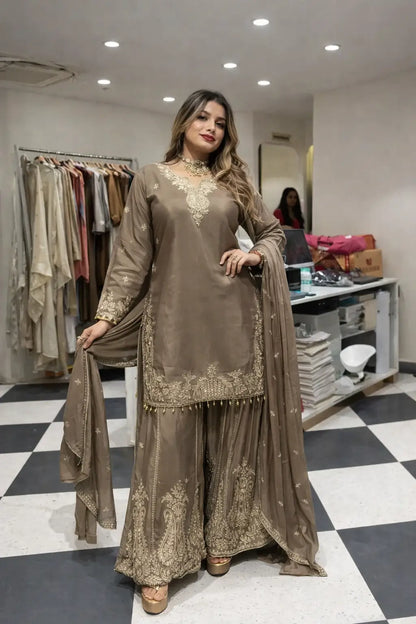 Elegant Crepe Embroidered Sharara Suit Set