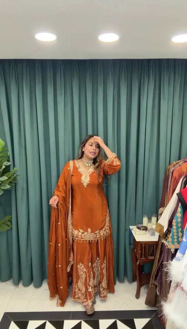 Elegant Crepe Embroidered Sharara Suit Set