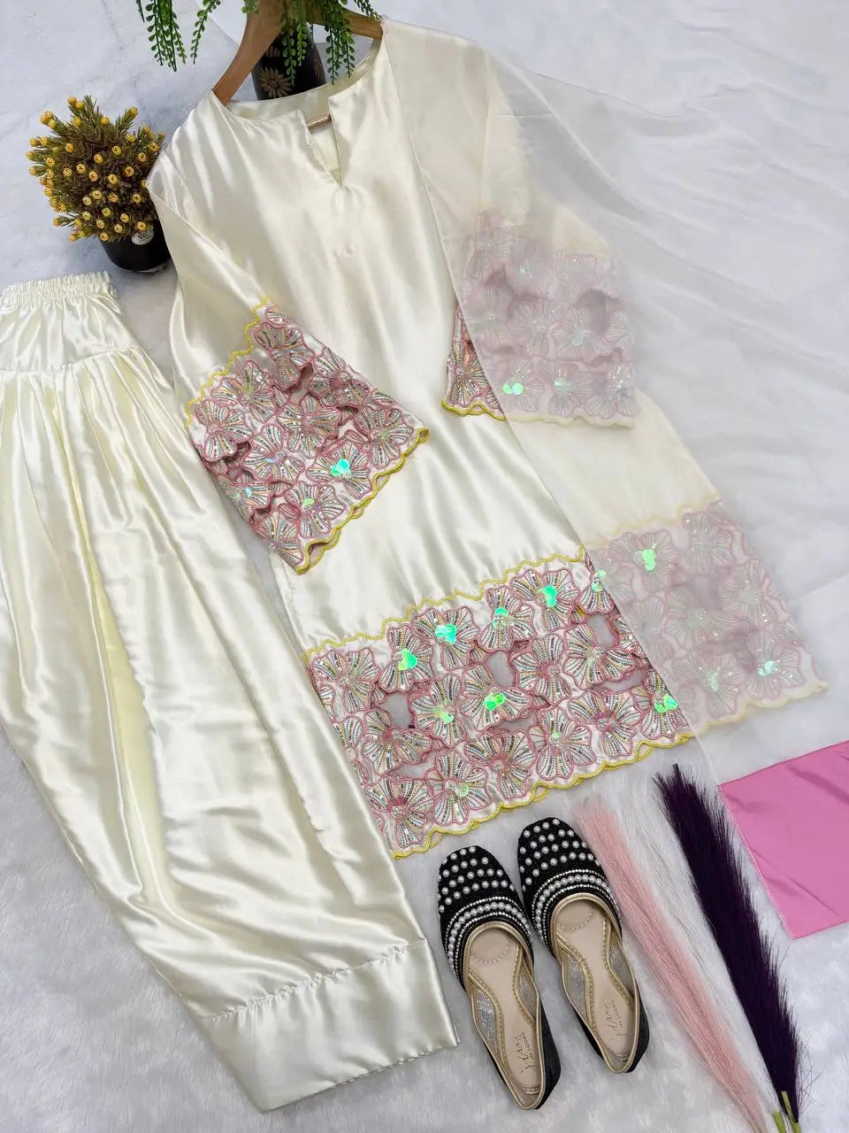 Elegant Crepe Silk Kurta Set with Moti Handwork and Organza Dupatta for Festive Wear