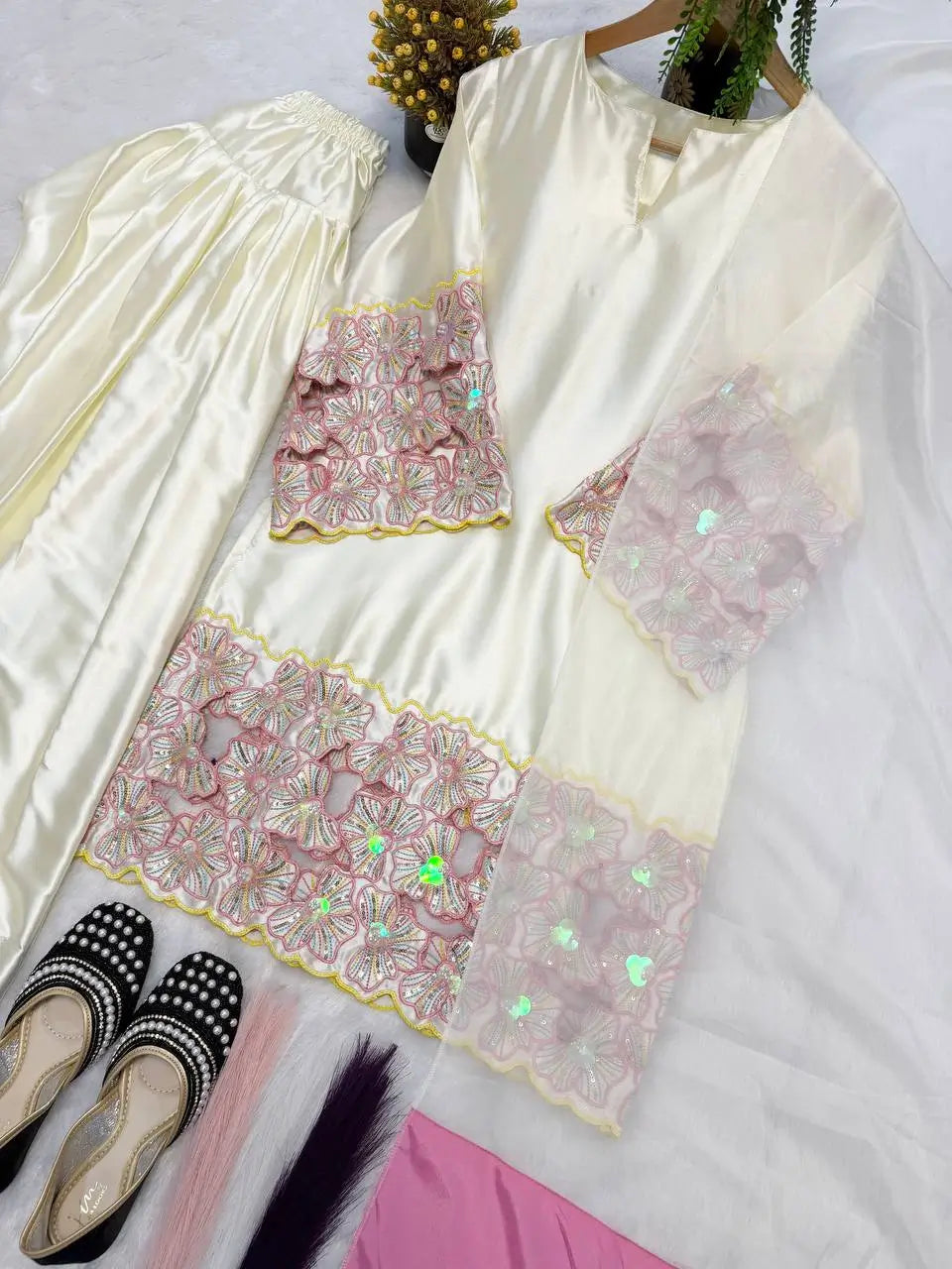 Elegant Crepe Silk Kurta Set with Moti Handwork and Organza Dupatta for Festive Wear