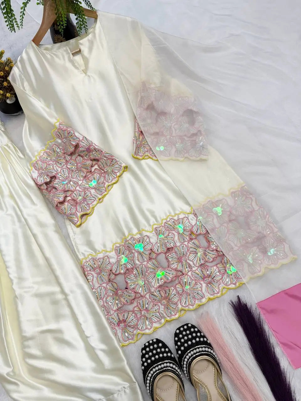Elegant Crepe Silk Kurta Set with Moti Handwork and Organza Dupatta for Festive Wear
