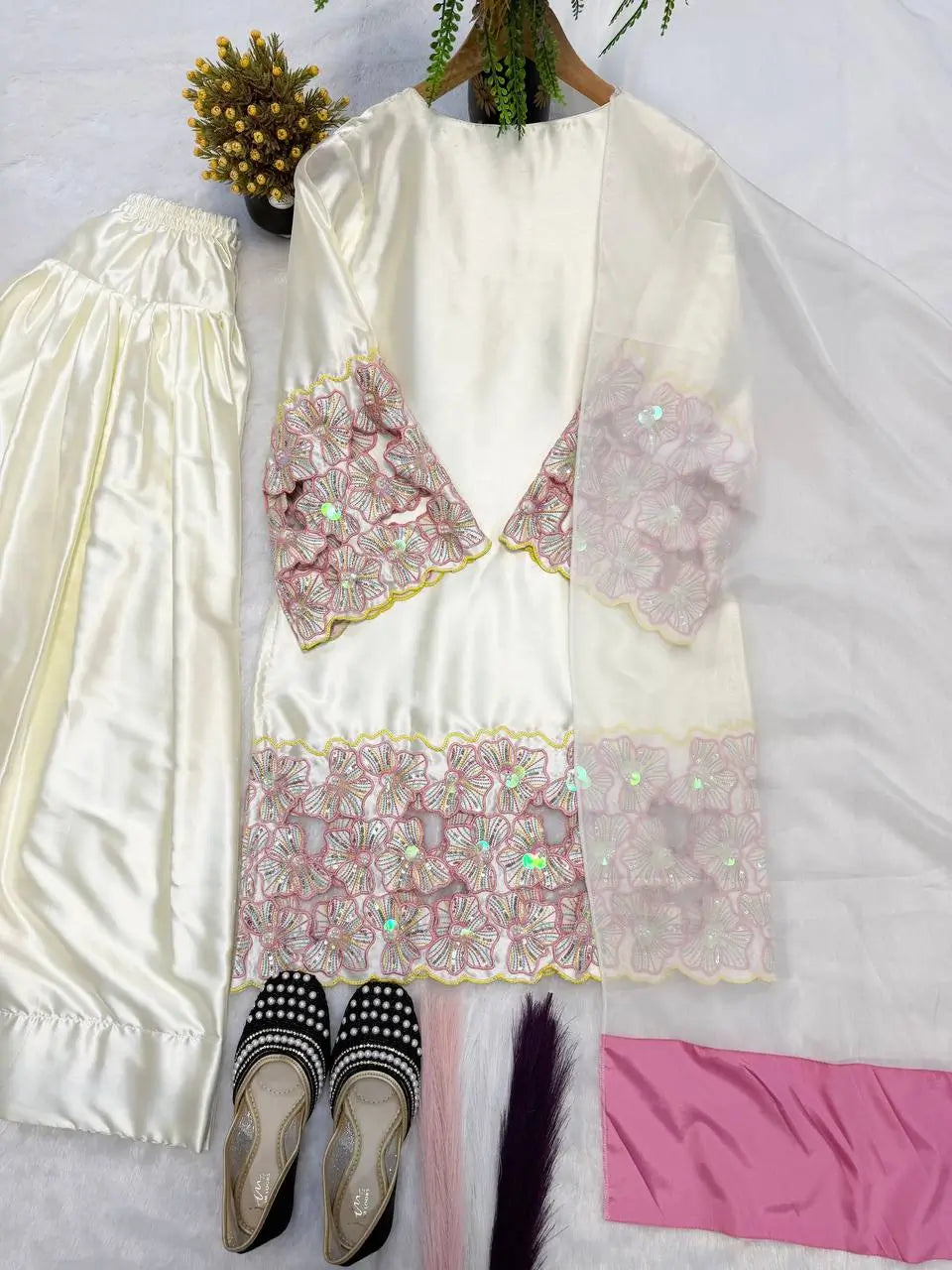 Elegant Crepe Silk Kurta Set with Moti Handwork and Organza Dupatta for Festive Wear