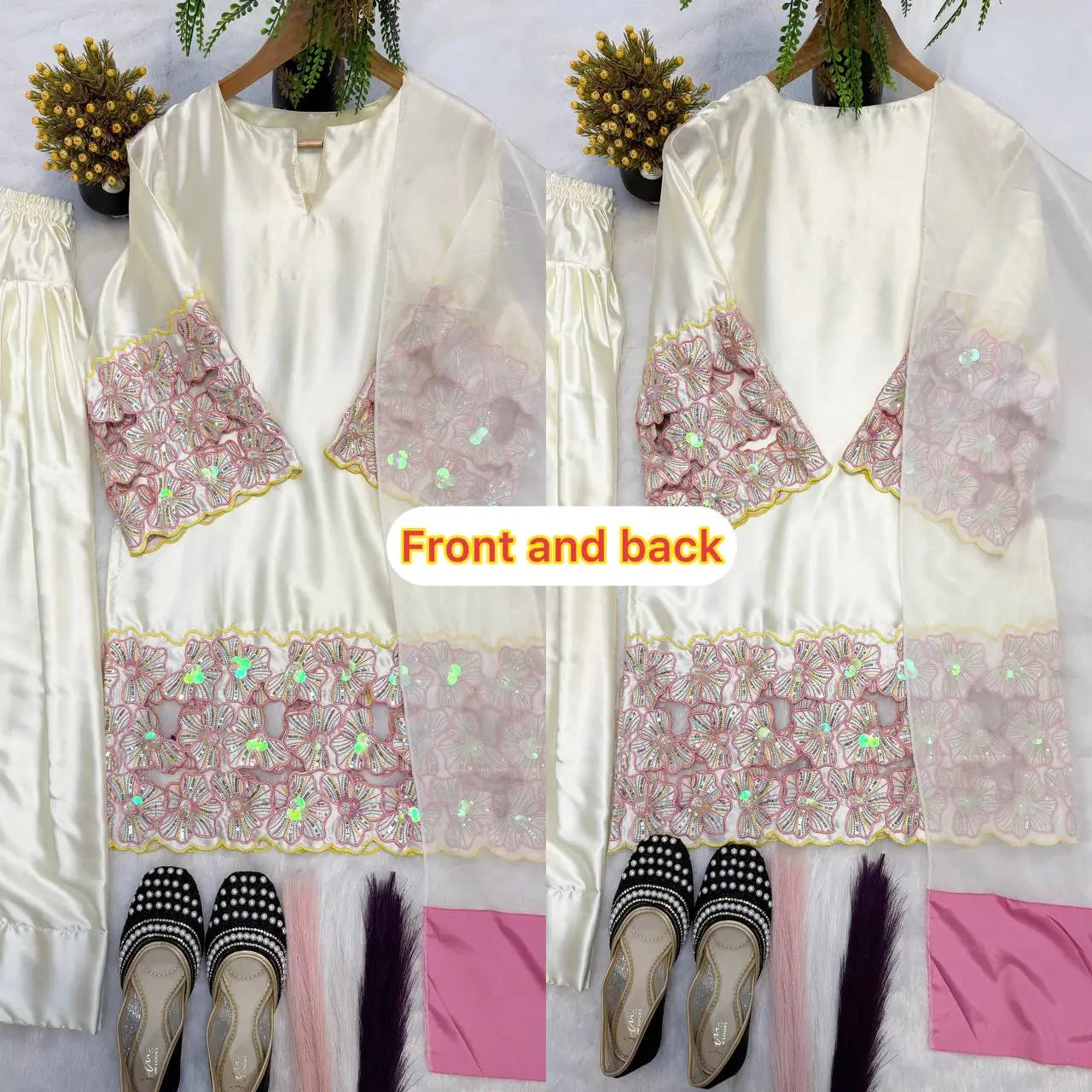 Elegant Crepe Silk Kurta Set with Moti Handwork and Organza Dupatta for Festive Wear