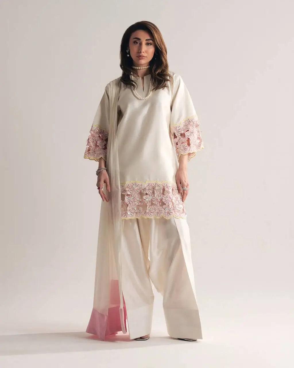 Elegant Crepe Silk Kurta Set with Moti Handwork and Organza Dupatta for Festive Wear