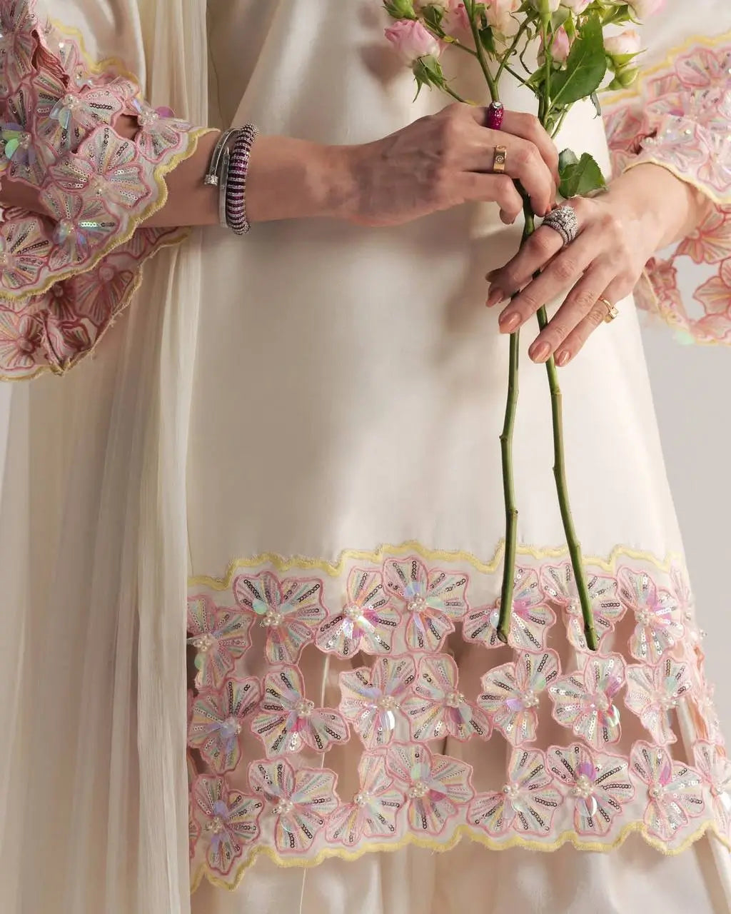 Elegant Crepe Silk Kurta Set with Moti Handwork and Organza Dupatta for Festive Wear