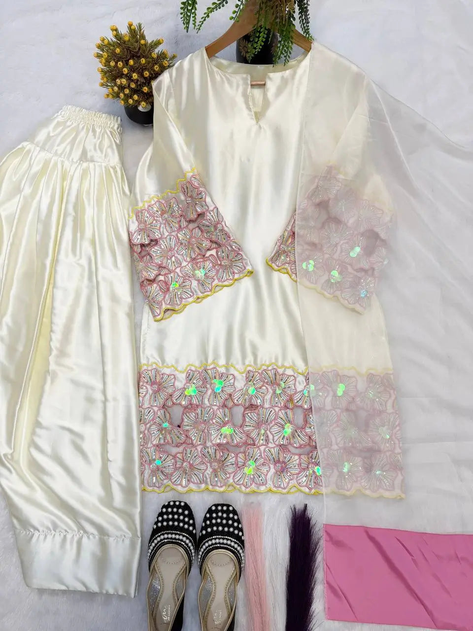 Elegant Crepe Silk Kurta Set with Moti Handwork and Organza Dupatta for Festive Wear