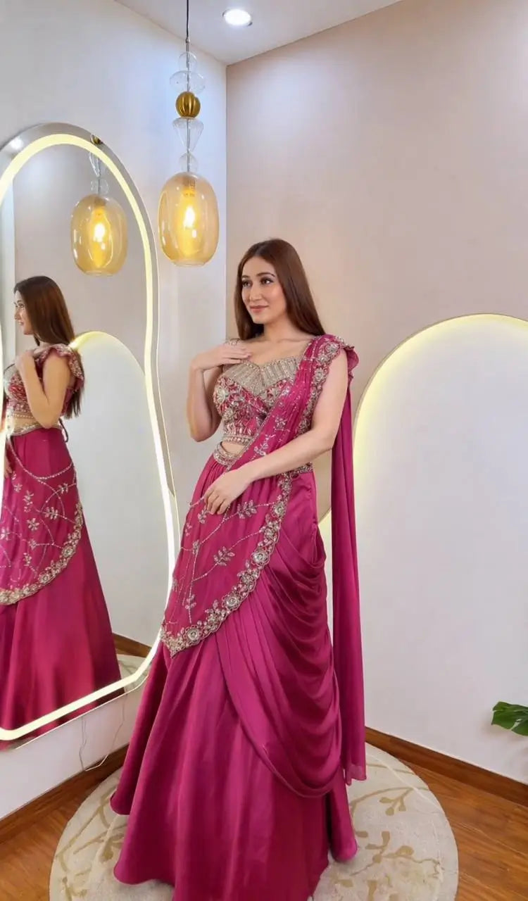 Elegant Crepe Silk Lehenga Style Saree for Festive and Wedding Wear