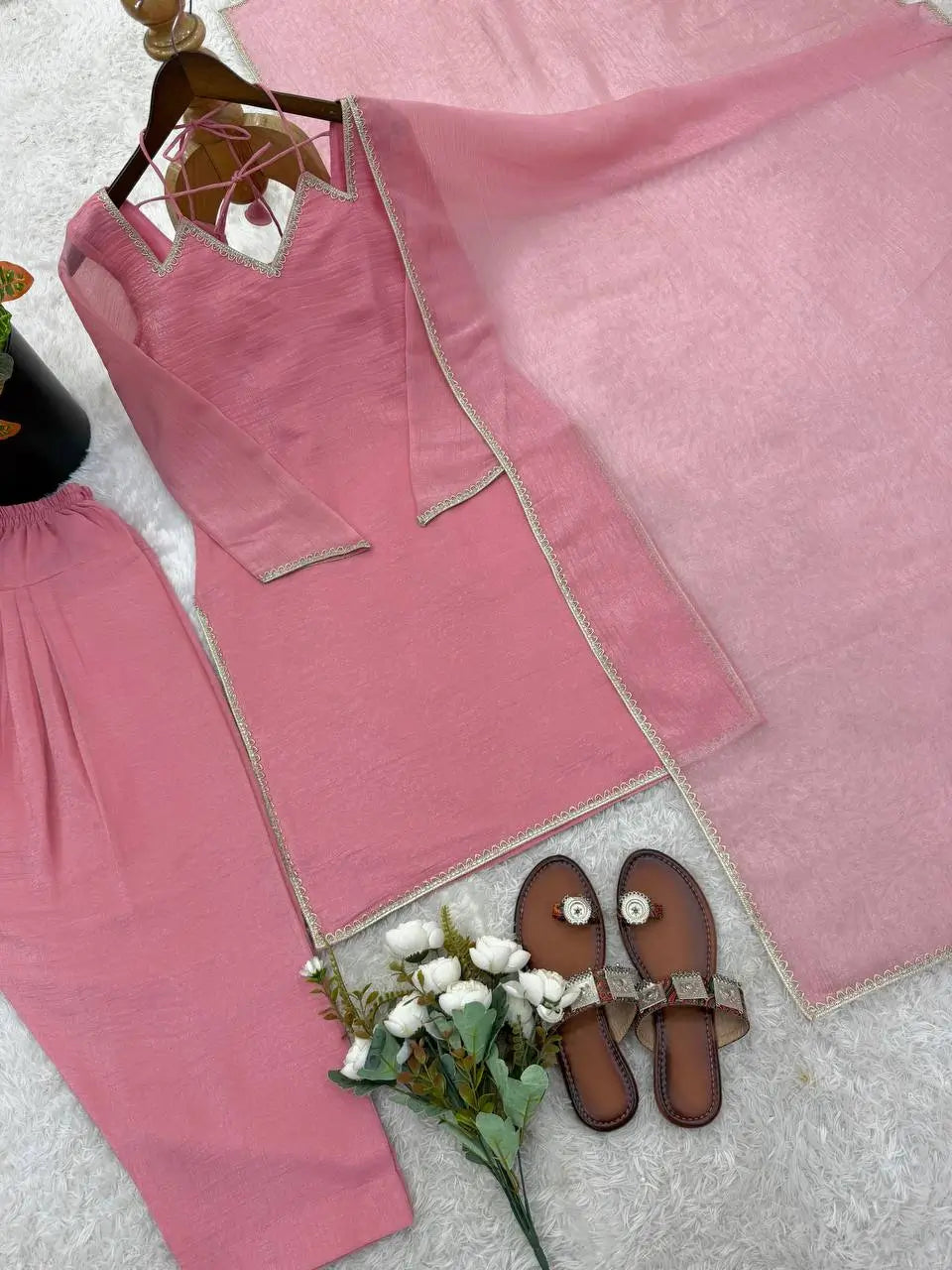 Elegant Crunchy Silk Ready to wear Farshi Suit Set for Festive and Party Wear