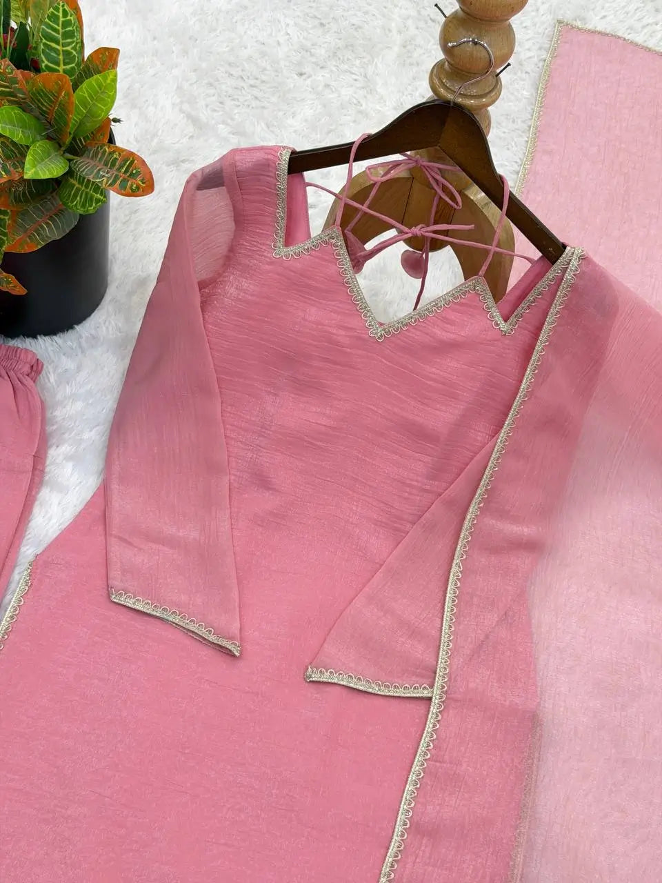 Elegant Crunchy Silk Ready to wear Farshi Suit Set for Festive and Party Wear