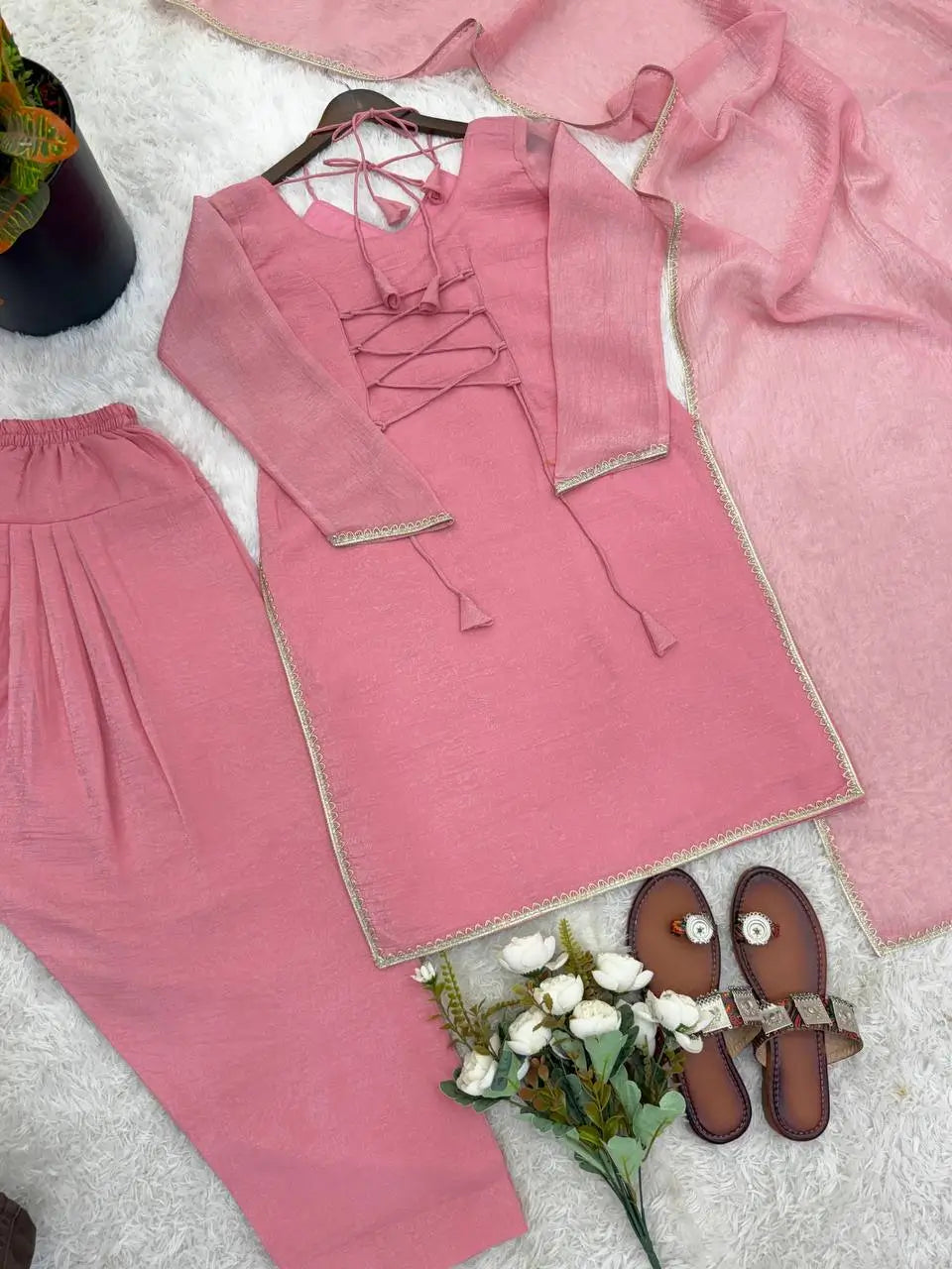 Elegant Crunchy Silk Ready to wear Farshi Suit Set for Festive and Party Wear