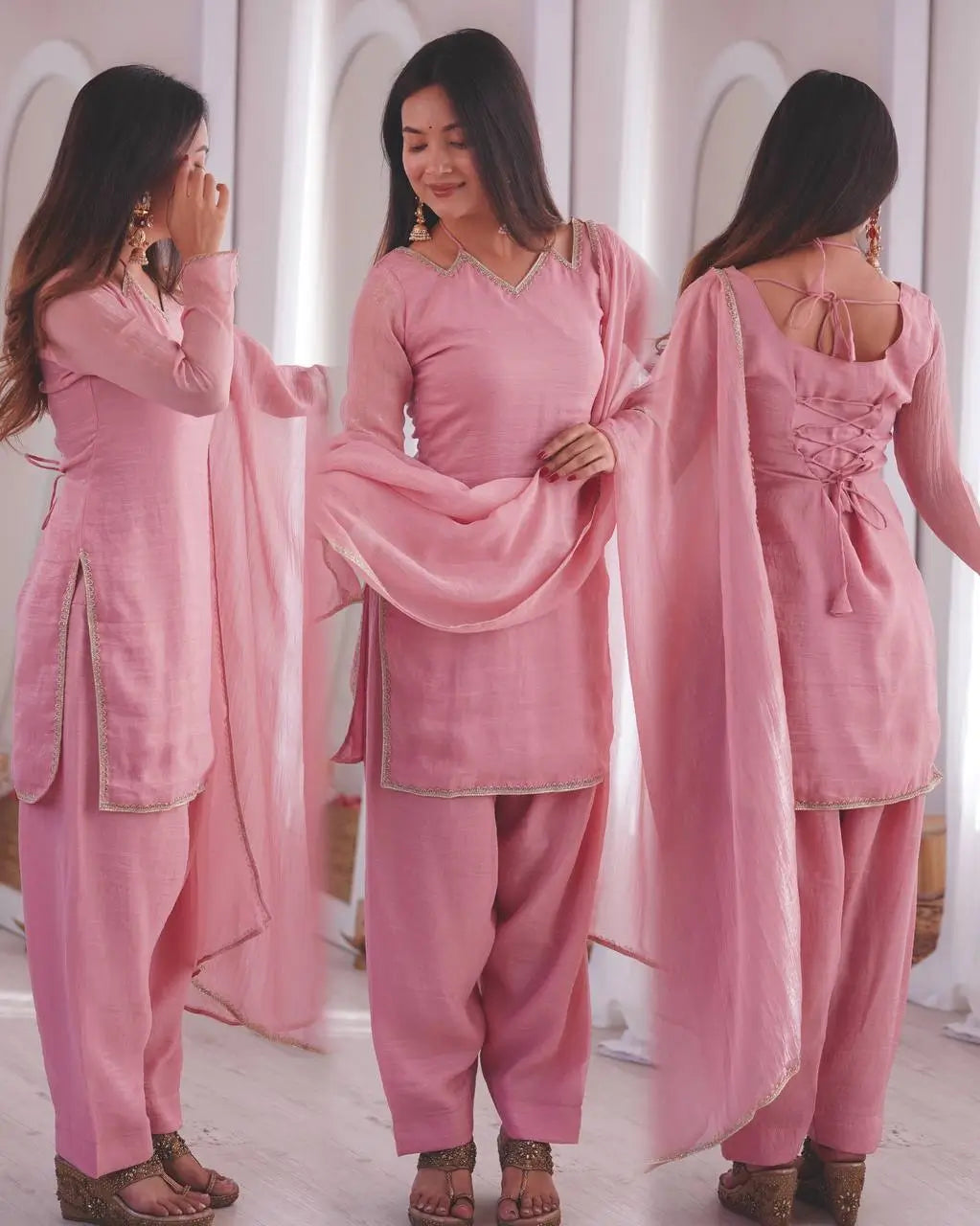 Elegant Crunchy Silk Ready to wear Farshi Suit Set for Festive and Party Wear
