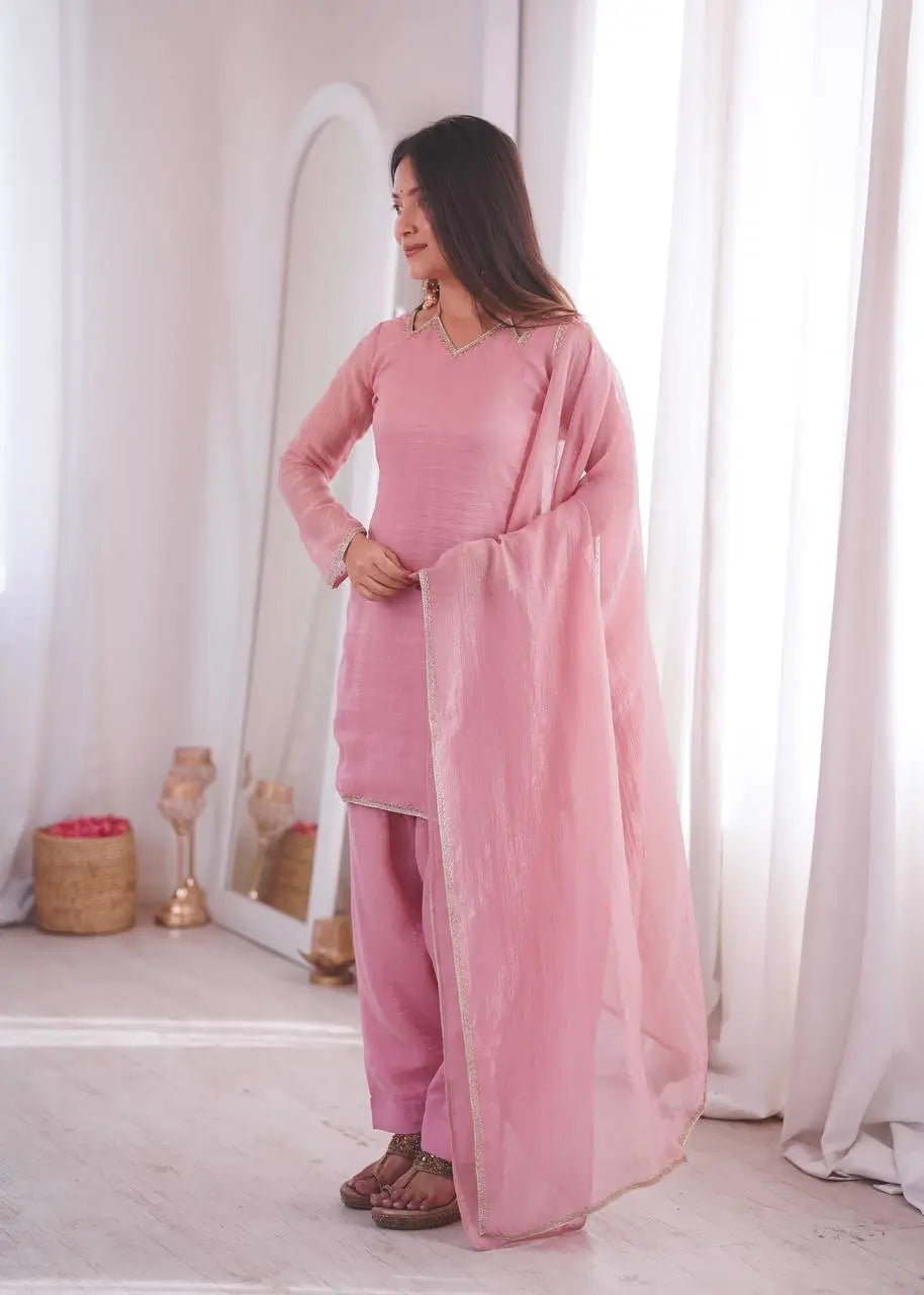 Elegant Crunchy Silk Ready to wear Farshi Suit Set for Festive and Party Wear