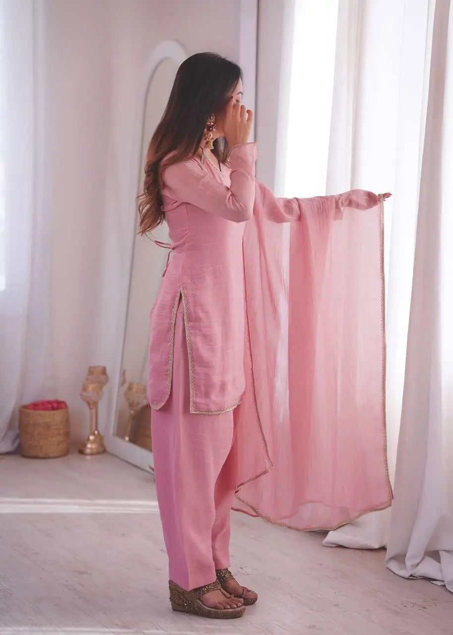 Elegant Crunchy Silk Ready to wear Farshi Suit Set for Festive and Party Wear