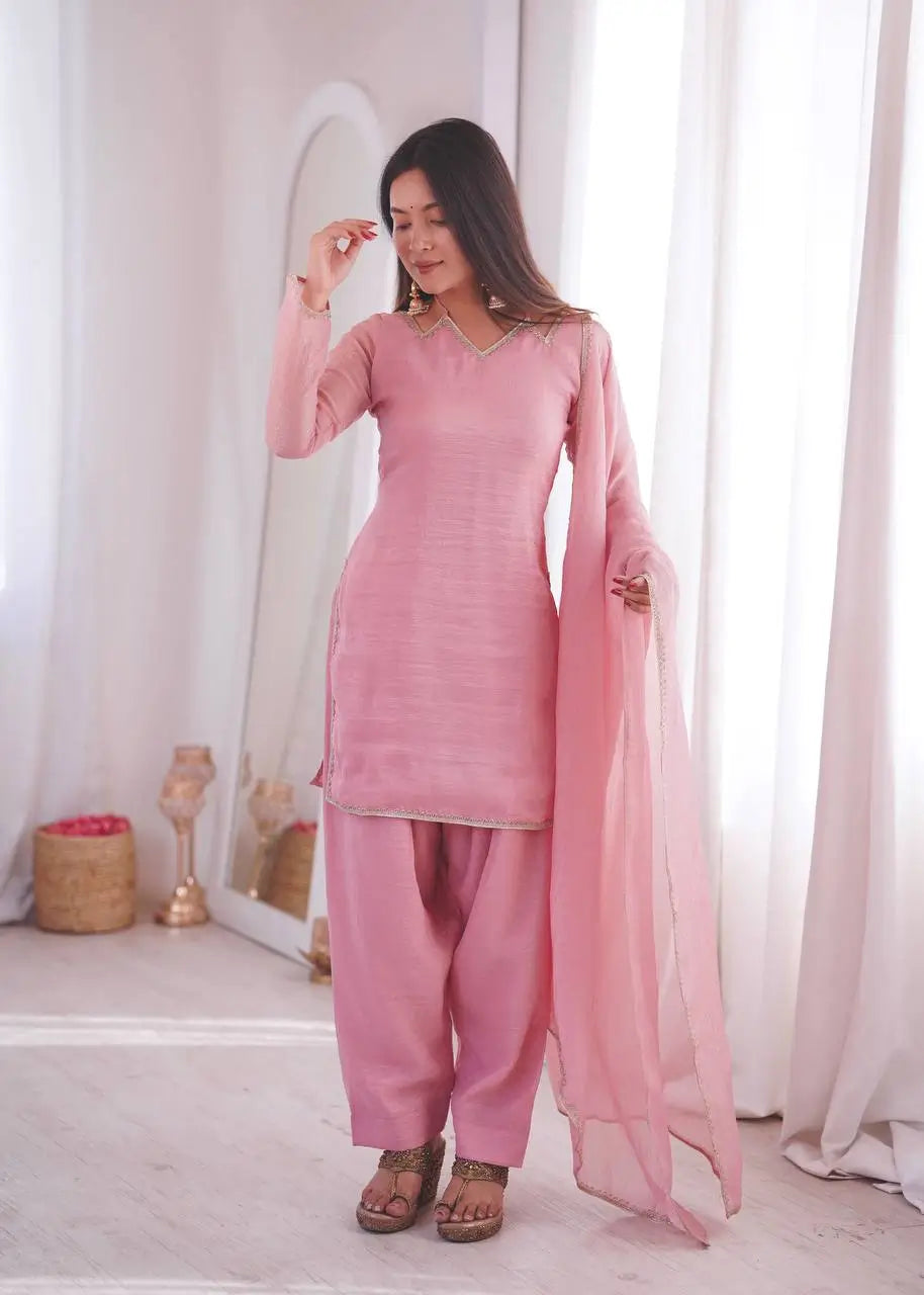 Elegant Crunchy Silk Ready to wear Farshi Suit Set for Festive and Party Wear