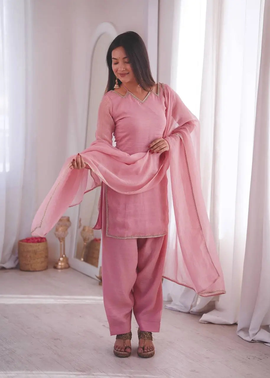 Elegant Crunchy Silk Ready to wear Farshi Suit Set for Festive and Party Wear
