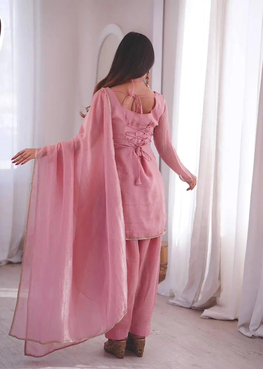 Elegant Crunchy Silk Ready to wear Farshi Suit Set for Festive and Party Wear
