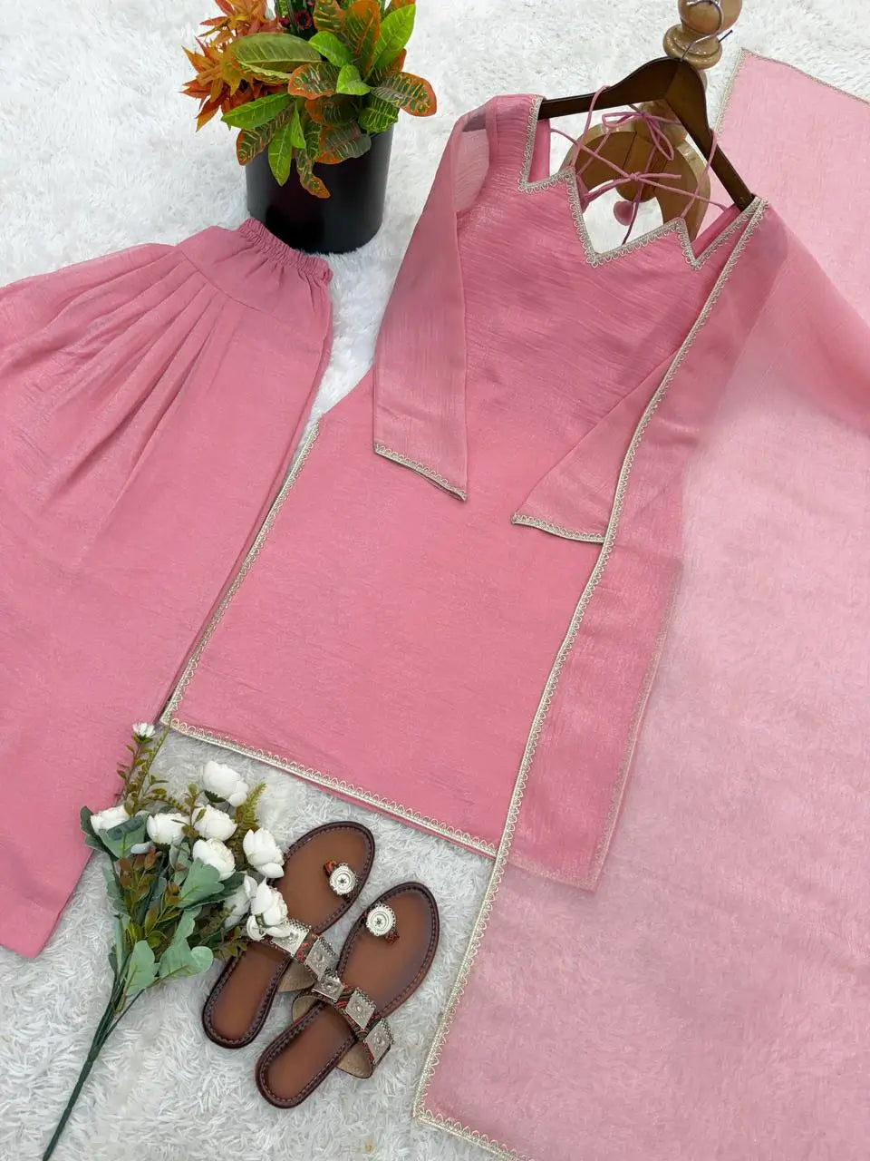 Elegant Crunchy Silk Ready to wear Farshi Suit Set for Festive and Party Wear